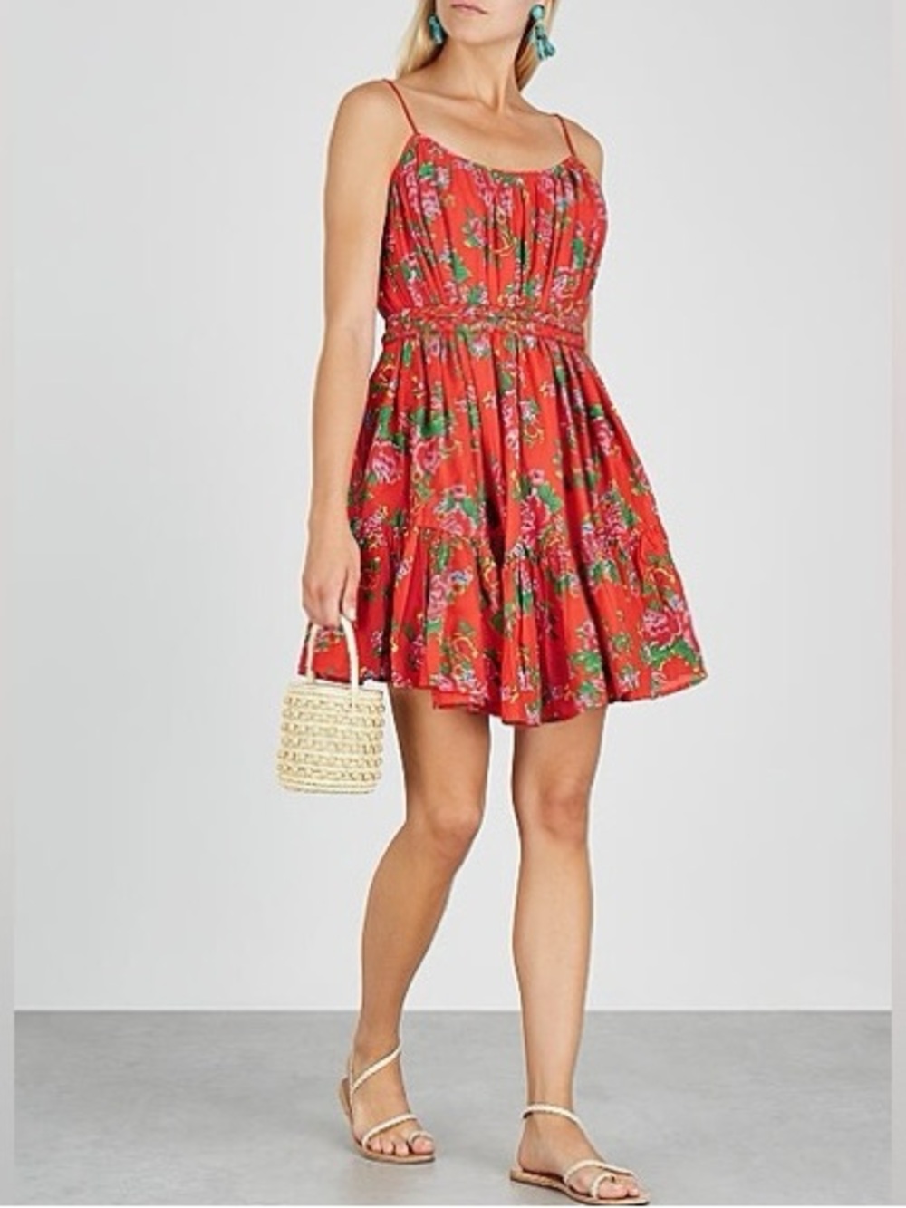 Rhode Resort Red Dazzle Floral Nala Dress XS Braid Tropical Belted Mini Pleated